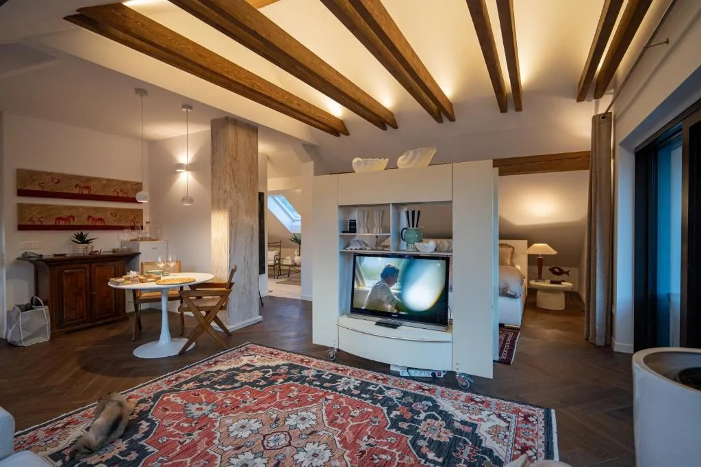 Roof windows filling the penthouse living room with light at Maxis Penthouse Bled